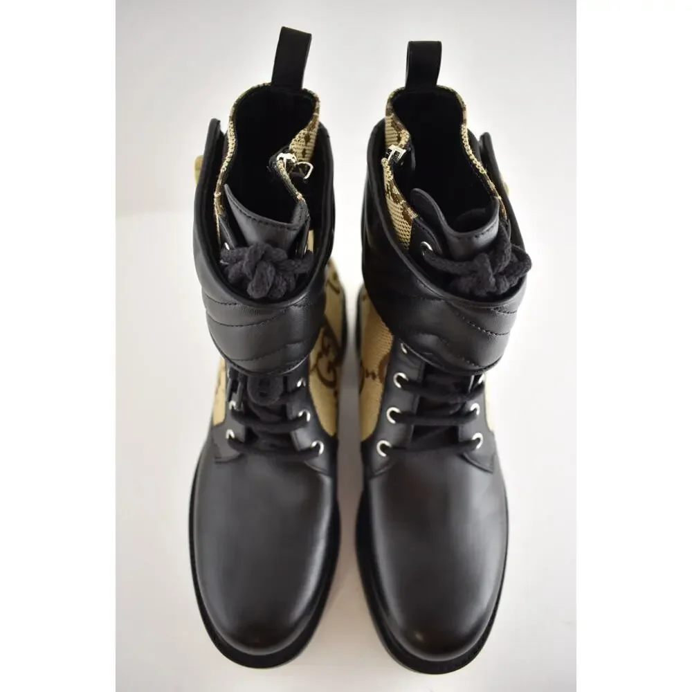 Gucci Marmont Black Leather Beige GG Coated Canvas Logo Print Combat Boots 38